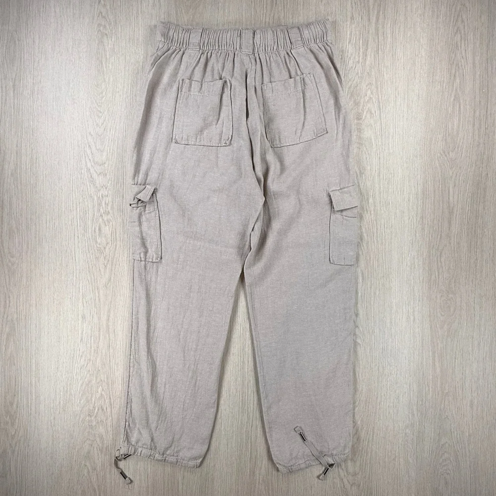 Linen Cargo Pants C&C California Women L Beige Drawstring Coastal Utility Casual